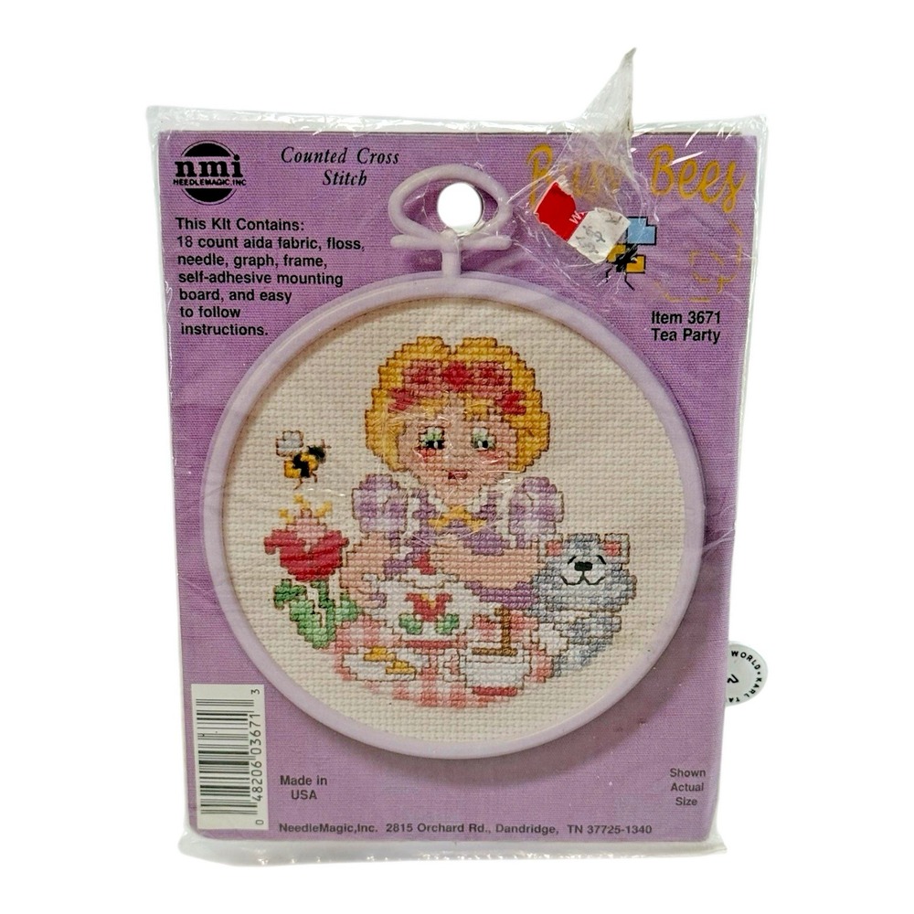 NMI Busy Bees Counted Cross Stitch Kit 3671 Tea Party Girl Cat Bee NOS
